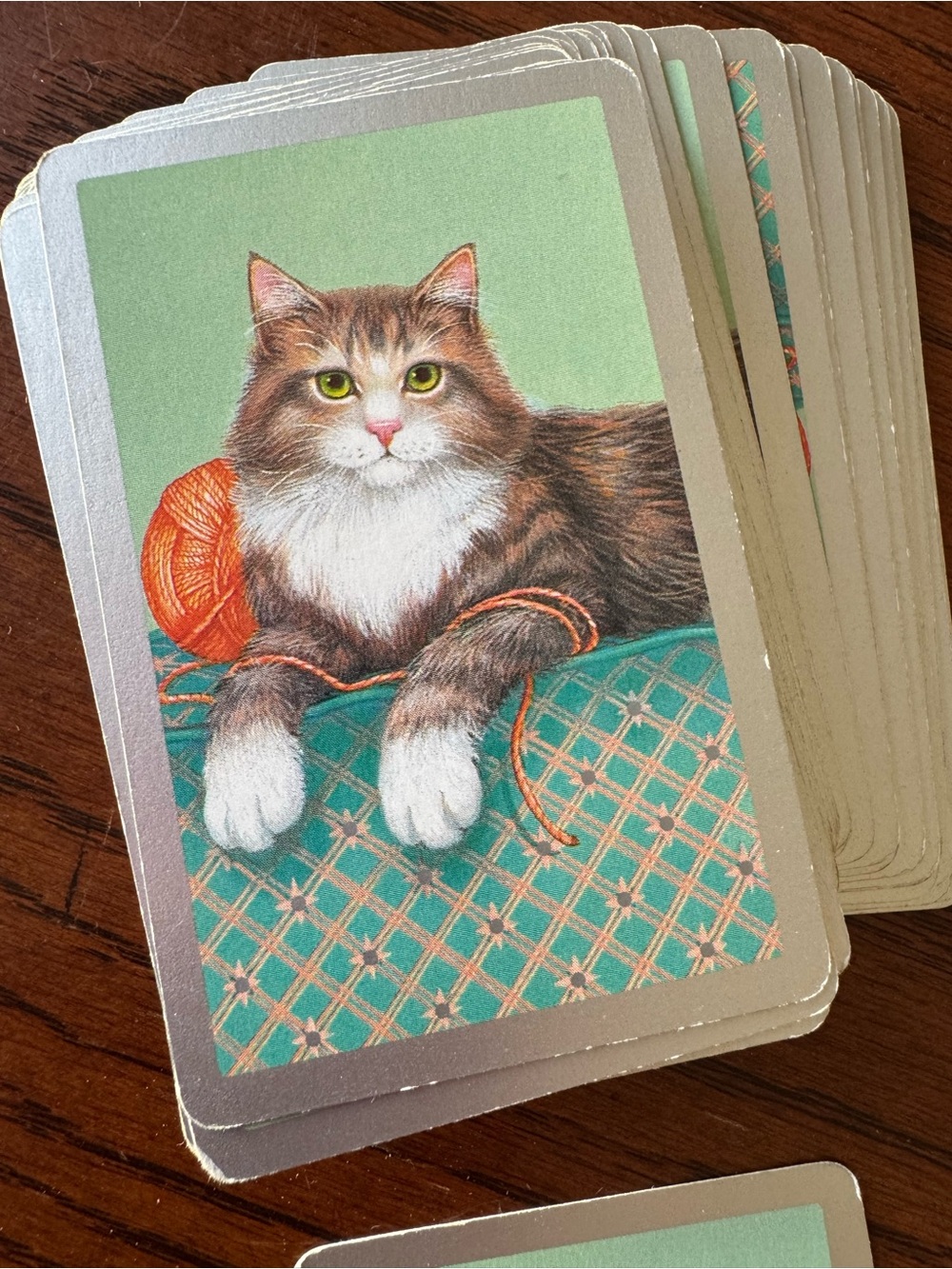 Vintage Cat & Yarn Ball Playing Cards Congress Made In Spain Litho Green Deck